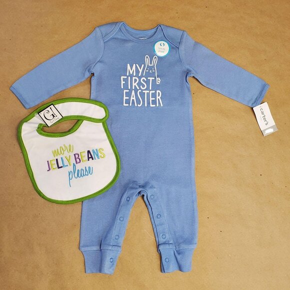 Carter's Easter Bodysuit (Printed - Bunny/My First Easter), 12M, Blue with Bib - - Picture 1 of 7